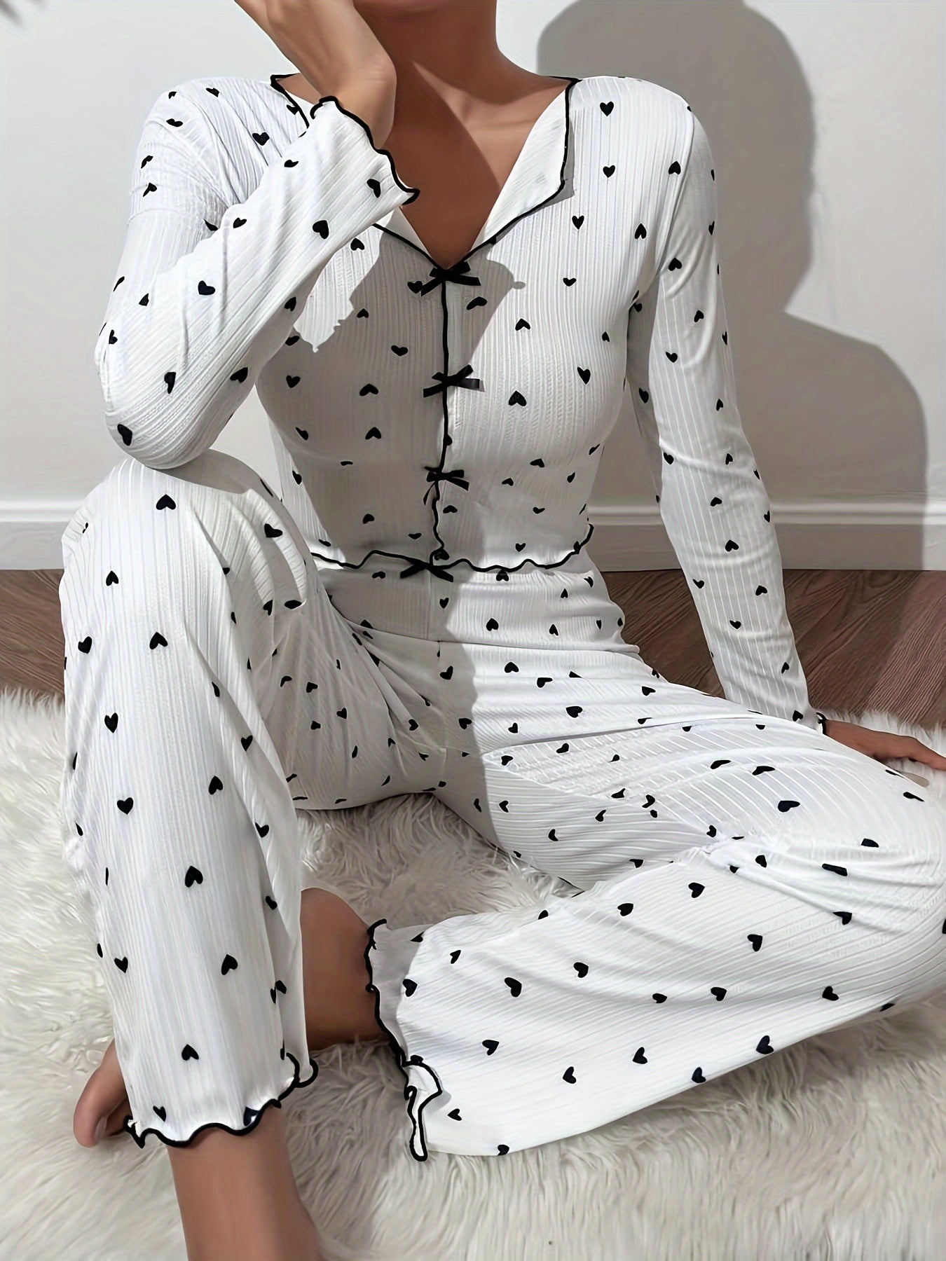 Autumn New Product Love Print Collar Spiral Jacquard Women's Long Sleeve Long Pants Home